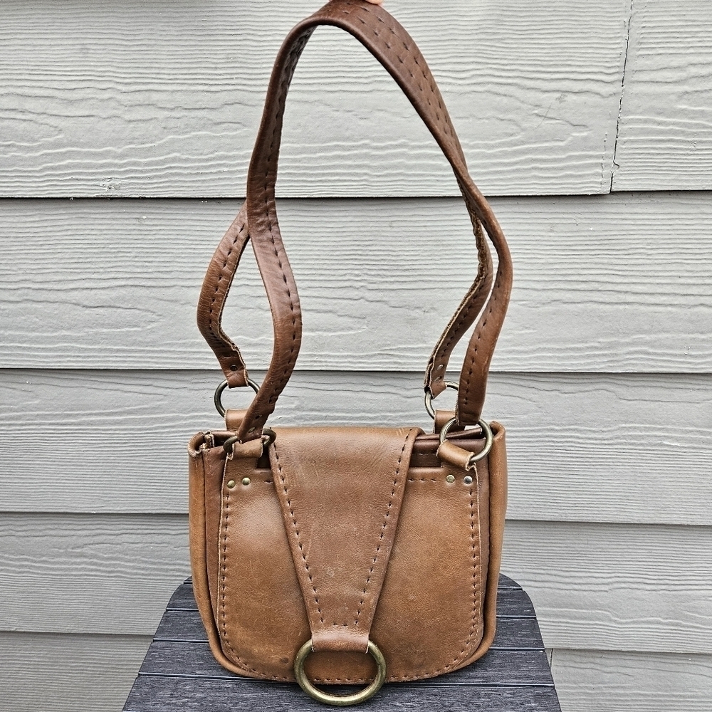 Vintage Italian Leather Bag CW Brown Thick Stitched Boho Purse Brass Ring Italy